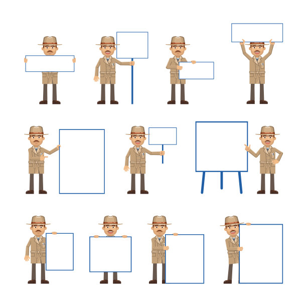 一大堆侦探人物举着不同的空白横幅摆姿势。兴高采烈的侦探拿着纸、海报、布告，指着白板。教导、宣传、推广图片下载