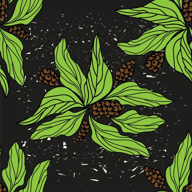 用咖啡叶和水果树枝矢量插画无缝图案。图片下载