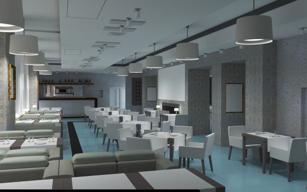 餐厅，室内可视化，3D插图图片下载
