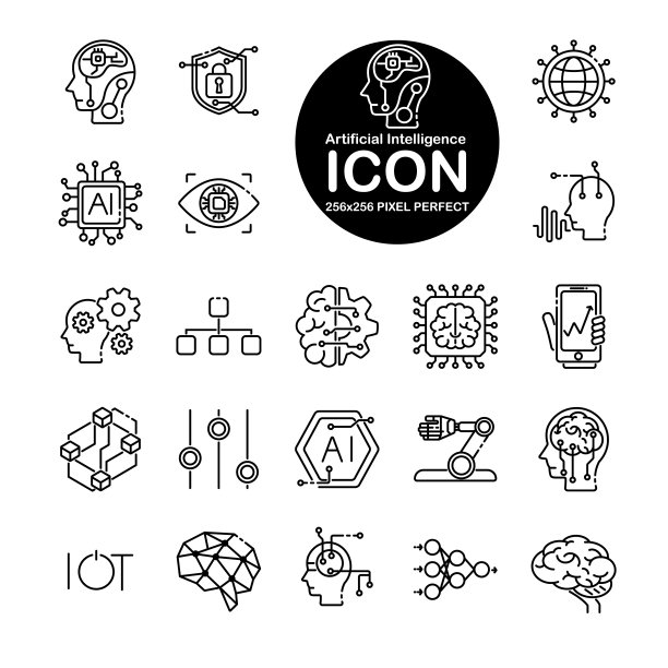 关于人工智能的线条图标集。包括大脑、电路、世界,automationand更多。可编辑的矢量中风。265 x265像素完美图片下载