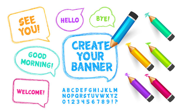 演讲泡泡，铅笔和涂鸦字体。一组涂鸦横幅，蜡笔和字母与数字创建矢量模板。图片下载