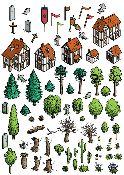 幻想地图元素插图、绘图、雕刻、水墨、线条艺术、矢量图片下载