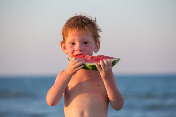 快乐的小男孩在海滩上吃西瓜图片下载
