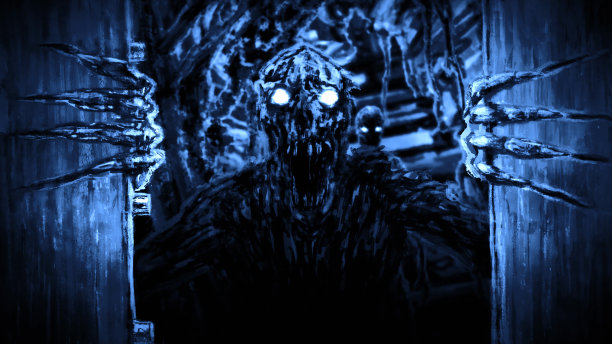 愤怒的僵尸怪兽打开地堡的门，咆哮着。图片下载