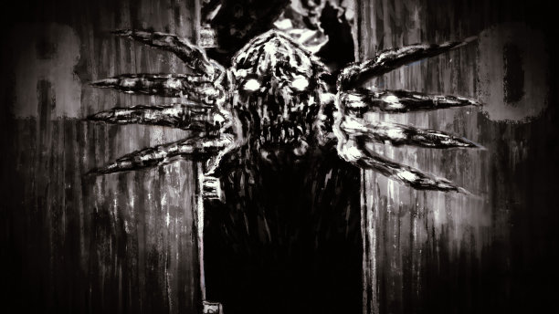 愤怒的僵尸怪兽打开地堡的门，咆哮着。图片下载