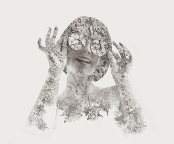 多重曝光的年轻女子和苹果花图片下载