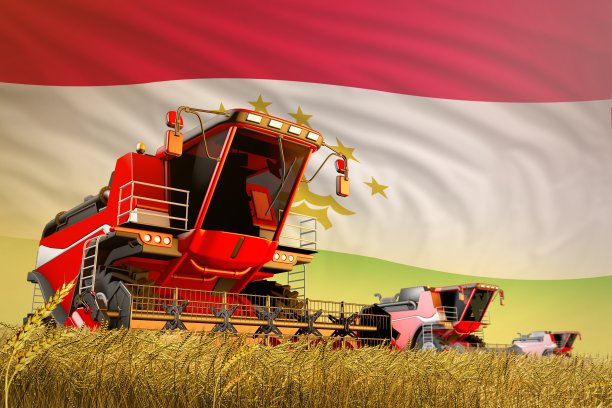 工业三维插图的农业联合收割机工作在粮食田与塔吉克斯坦旗帜背景，食品生产概念图片下载