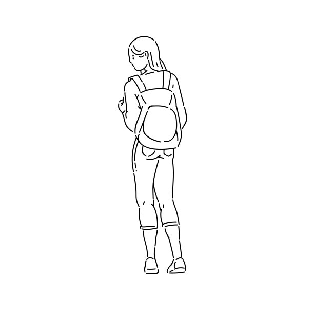 背着背包眺望远方的少女（矢量线稿扁平黑白插画）图片下载