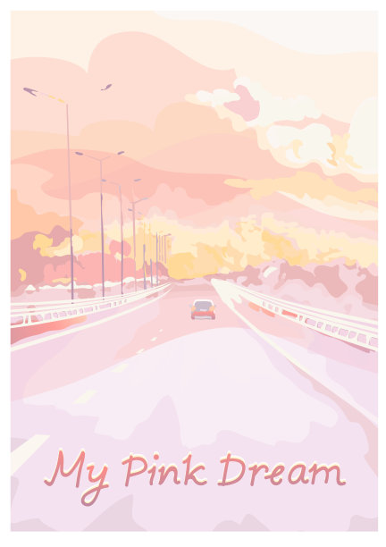 汽车在高速公路上行驶。粉红色的天空。图片下载