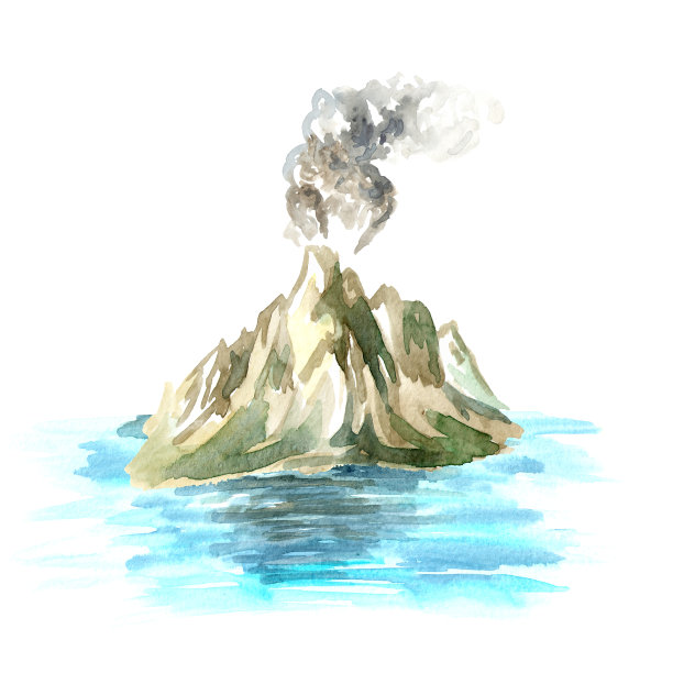海洋中的火山，水彩手绘插图图片下载