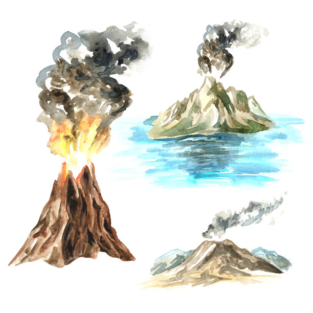 火山集。水彩手绘插图，孤立的白色背景图片下载