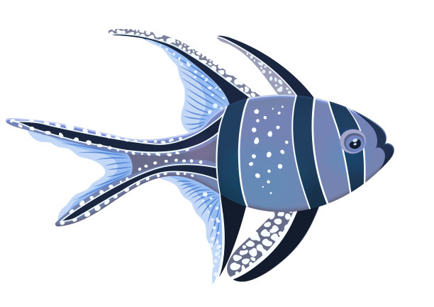 帮盖鱼，平面卡通写实画，手绘海洋动物，海洋人物。可爱的彩色蓝紫黑与白色斑点，孤立在白色的背景。向量图片下载