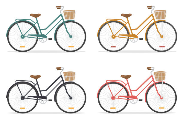 复古自行车与篮子在白色背景的四种颜色图片下载