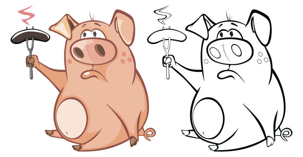 矢量插图一个可爱的卡通人物猪为你设计和电脑游戏。着色书大纲集图片下载