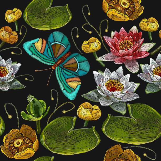 经典刺绣粉白荷花、睡莲和蝴蝶，模板时尚无缝图案服装，t恤设计矢量。睡莲刺绣无缝图案图片下载