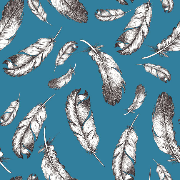 白色和黑色的鸟羽毛素描插图在时尚的果鸽颜色背景2020。无缝模式图片下载