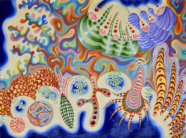 花朵和海景，幻想的，虚构的，不寻常的，让人想起水下的海藻和珊瑚。帆布上的手绘油画。原来的艺术品。适用于网络或印刷，包括房间装饰，零售和批发。图片下载