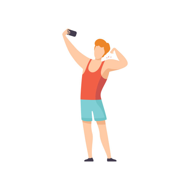 男运动员在智能手机上自拍，男孩用现代小工具为社交媒体制作照片或视频图片下载