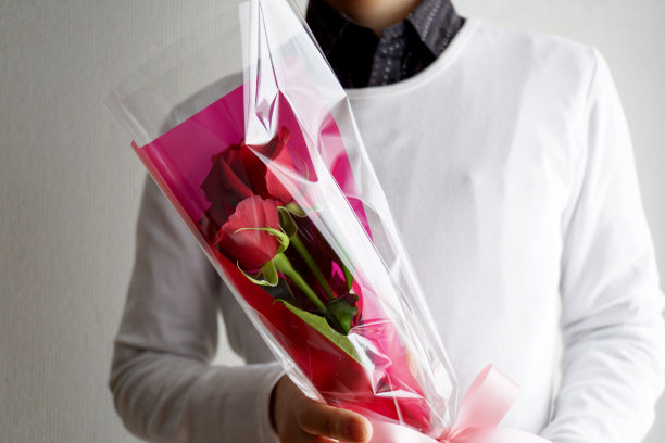 一个男人递上一朵红玫瑰。图片下载