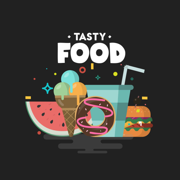 美味的食物。美味集甜食，多餐和不健康食品经典营养平式。图片下载