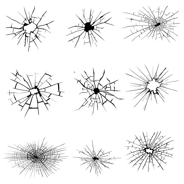 碎玻璃，裂缝，玻璃上的子弹痕迹。高分辨率。矢量插图。白色背景上有黑洞的纹理玻璃图片下载