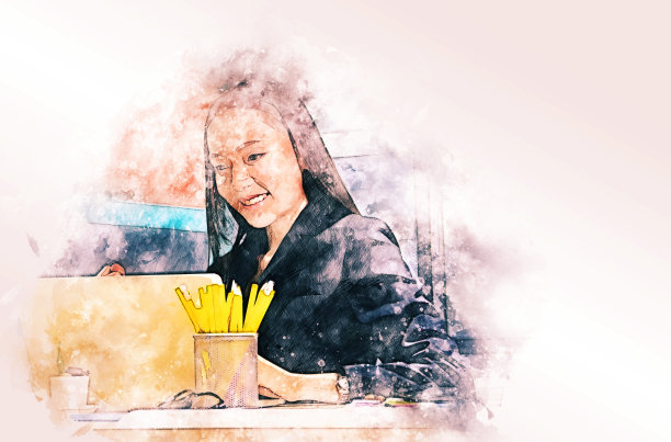 抽象的彩色形状上美丽的女人坐在工作和看电脑在办公室桌上的水彩插图绘画背景。图片下载