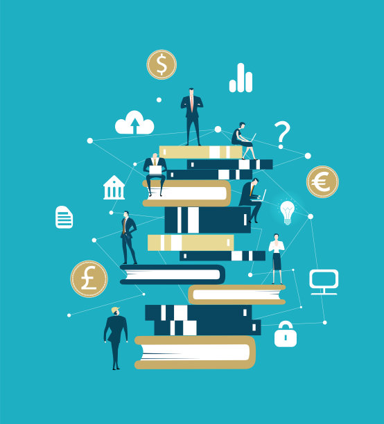 团队的业务人员围绕着书籍工作，作为学习、知识和数据概念的象征。图片下载