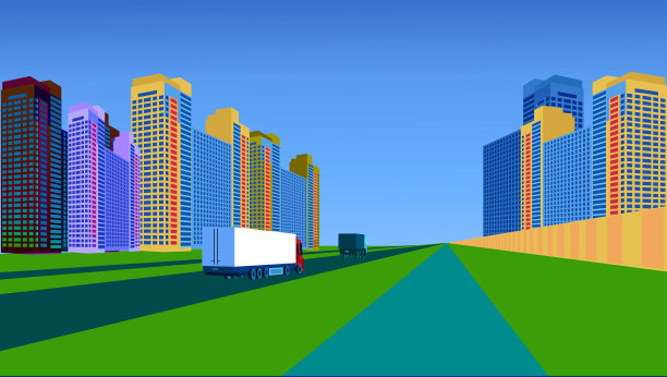 有趣和有趣的颜色，摩天大楼附近的道路。绿色是为健康的人打造的现代城市。图片下载