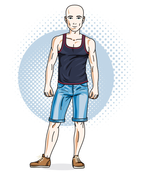 英俊的无毛的年轻人在现代背景。矢量插图的男性。剪纸艺术的生活主题。图片下载