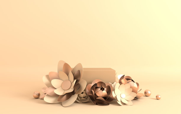 纸花架，讲台，产品展示平台。夏季或春季背景。剪纸3d渲染模型在柔和的颜色图片下载