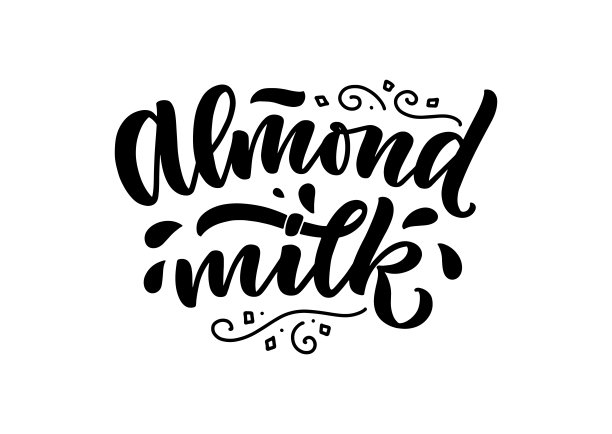 杏仁奶字体横幅，标志和包装设计。有机营养健康食品。关于乳制品的短语。向量图片下载