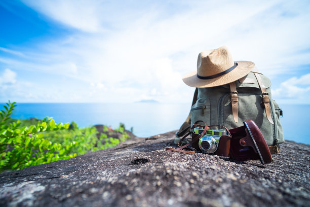 热带岛屿石头上的旅行物品图片下载