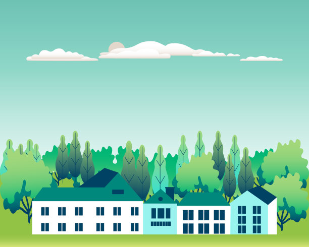 乡村山谷农村。乡村景观以牧场为平面风格设计。景观以家庭农场、谷仓、建筑、小山、树木、山峦为背景，卡通矢量插图图片下载