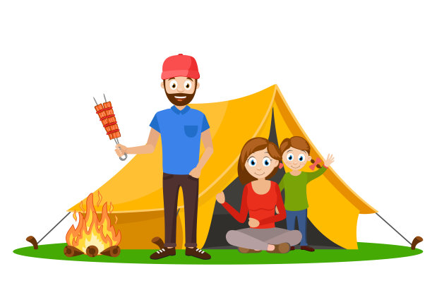 年轻的一家人在白色背景的帐篷里休息。图片下载