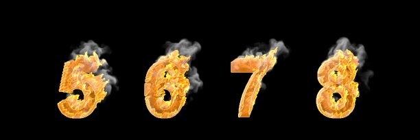 奇幻创意字母，地狱火和烟雾数字5 6 7 8孤立的白色- 3D插图符号图片下载