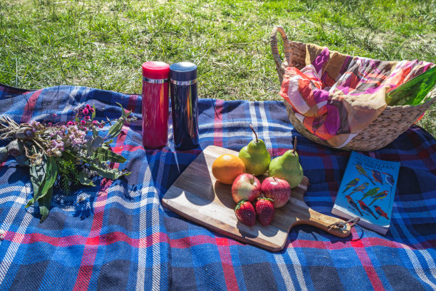 一对夫妇有野餐在晴朗的日子周末在秋天与法棍三明治水果酒野餐篮子带来我的瓶子图片下载