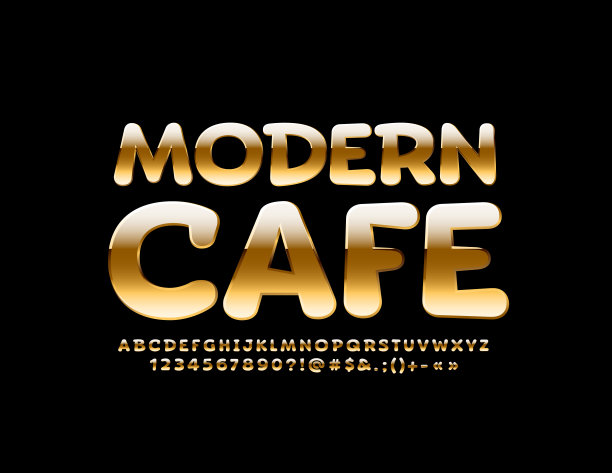 向量时尚的旗帜现代咖啡馆。黄金字母，数字和符号。图片下载