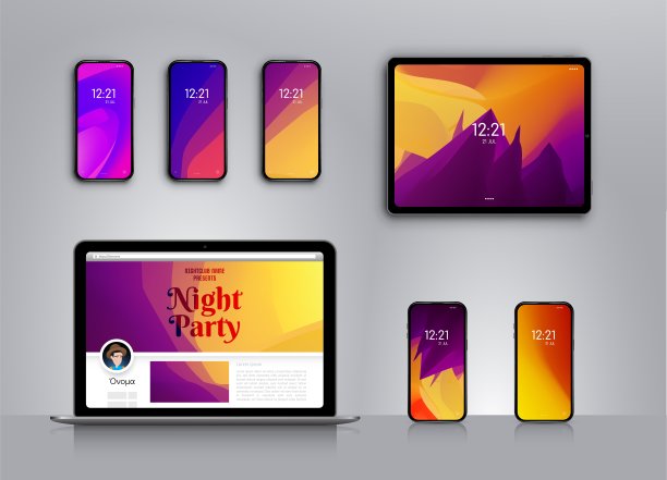 矢量壁纸智能手机或平板电脑或横幅与紫色和橙色的颜色。网站模板设计。彩色抽象矢量插图。现代的模板。移动智能手机设备小配件。图片下载