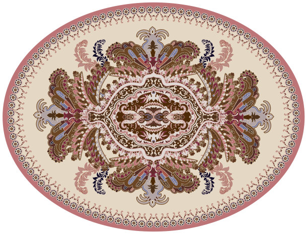 彩色椭圆形波斯矢量设计地毯，地毯。几何粉红色，米色花卉背景。带有装饰元素的阿拉伯装饰品。椭圆形土耳其地毯与民间民族装饰图片下载