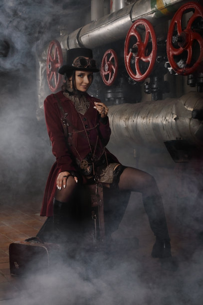 年轻性感的蒸汽朋克女孩坐在椅子上图片下载