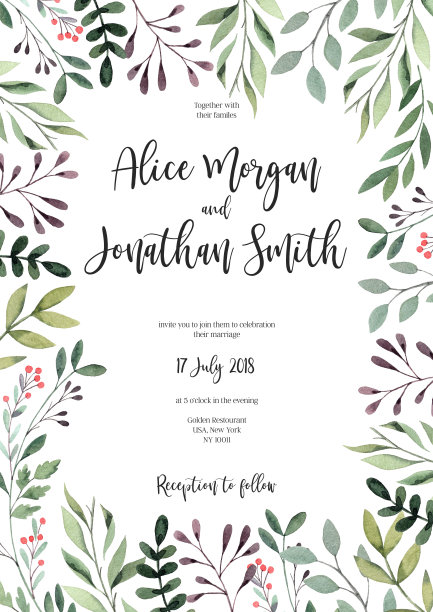 手绘水彩插图。植物长方形的婚礼请柬，绿枝绿花绿叶。夏天。花的设计元素。完美的邀请，卡片，打印，海报图片下载