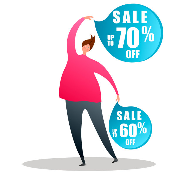 卡通人物指向销售徽章。在卡通风格的白色背景矢量插图图片下载