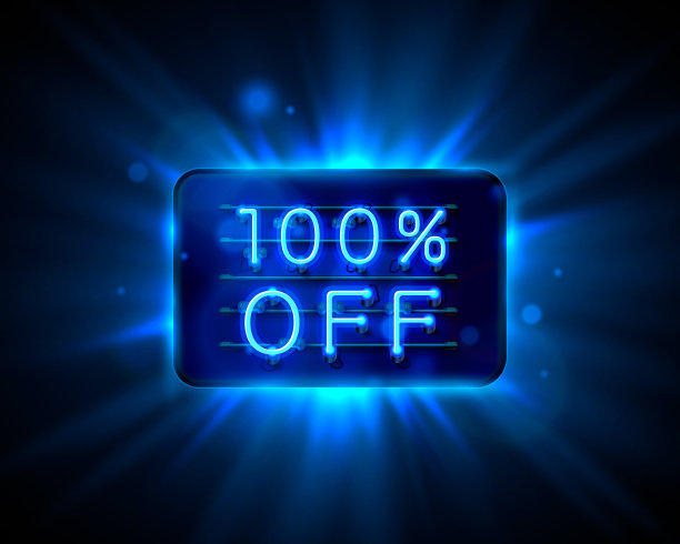 霓虹框架100 off文本横幅。晚上路标。图片下载