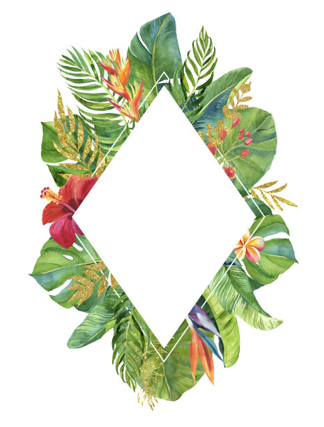 框架与热带花和叶。热带地区灿烂辉煌!对于婚礼请柬、卡片、保存日期、横幅、生日等图片下载