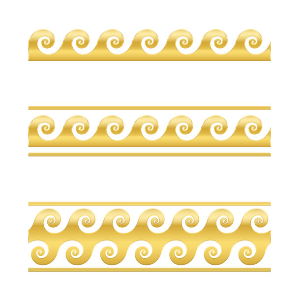 金色波浪图案，希腊曲线形设计。跑狗图案覆盖白色，装饰性边界。还有维特鲁威波或维特鲁威卷轴。向量。图片下载