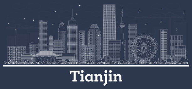 用白色建筑勾勒出天津城市天际线。图片下载