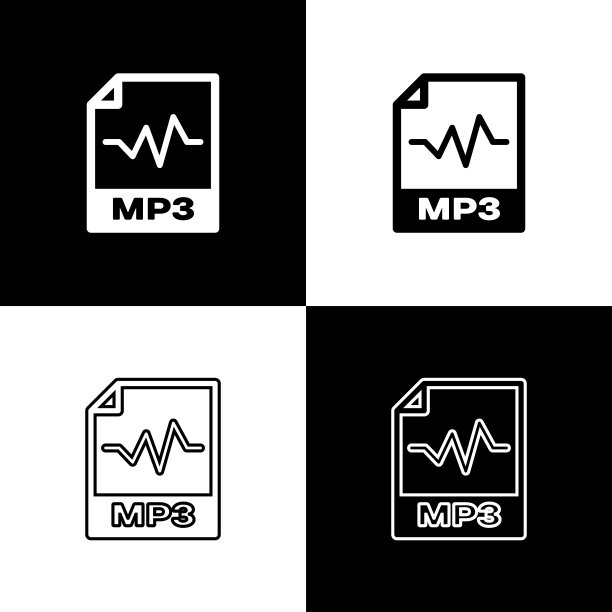 设置MP3文件文档图标。下载mp3按钮图标孤立的黑白背景。Mp3音乐格式标志。MP3文件的象征。矢量图图片下载
