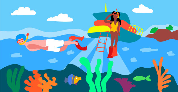 一个标志性的地点是大堡礁。浮潜在一个巨大的堡礁上。夏天海洋全景。一对恩爱的夫妇正在新鲜的空气中放松。矢量可编辑文件eps 10。图片下载