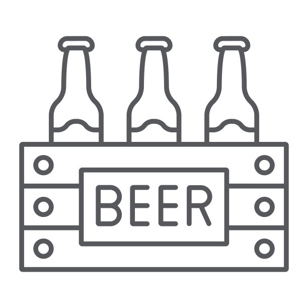 箱子上的啤酒细线图标、酒精饮料、装啤酒瓶的标志、矢量图形、白色背景上的线性图案。图片下载