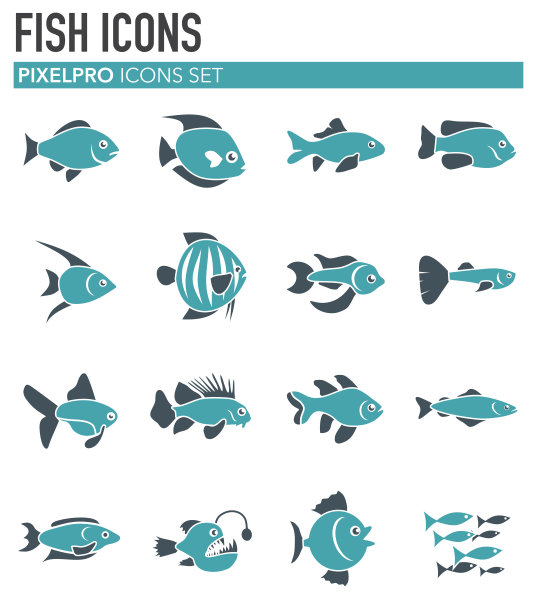 鱼相关图标设置在图形和网页设计的背景。简单的说明。网站按钮或手机应用的互联网概念符号。图片下载
